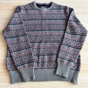 Eddie Bauer Men’s Fair Isle Wool Blend Crewneck Sweater Gray Red Large
